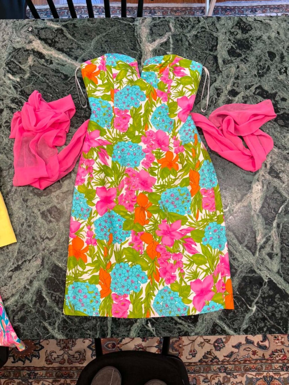 Vintage Milly New York Silk Floral Strapless Dress Size 2 Pink Blue